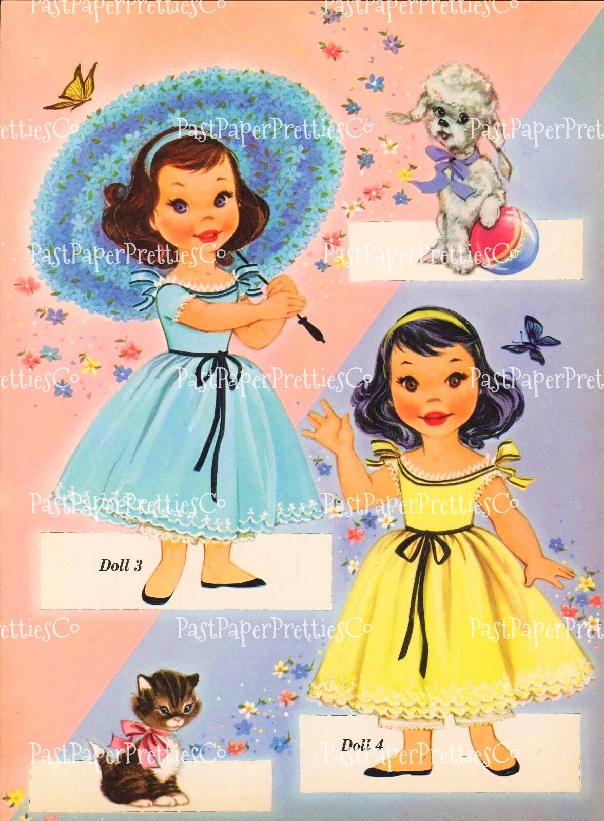 Vintage Paper Dolls Cute Umbrella Girls Printable PDF Instant Digital Download Kitschy Flower Parasol Girls Wrap Around Dresses