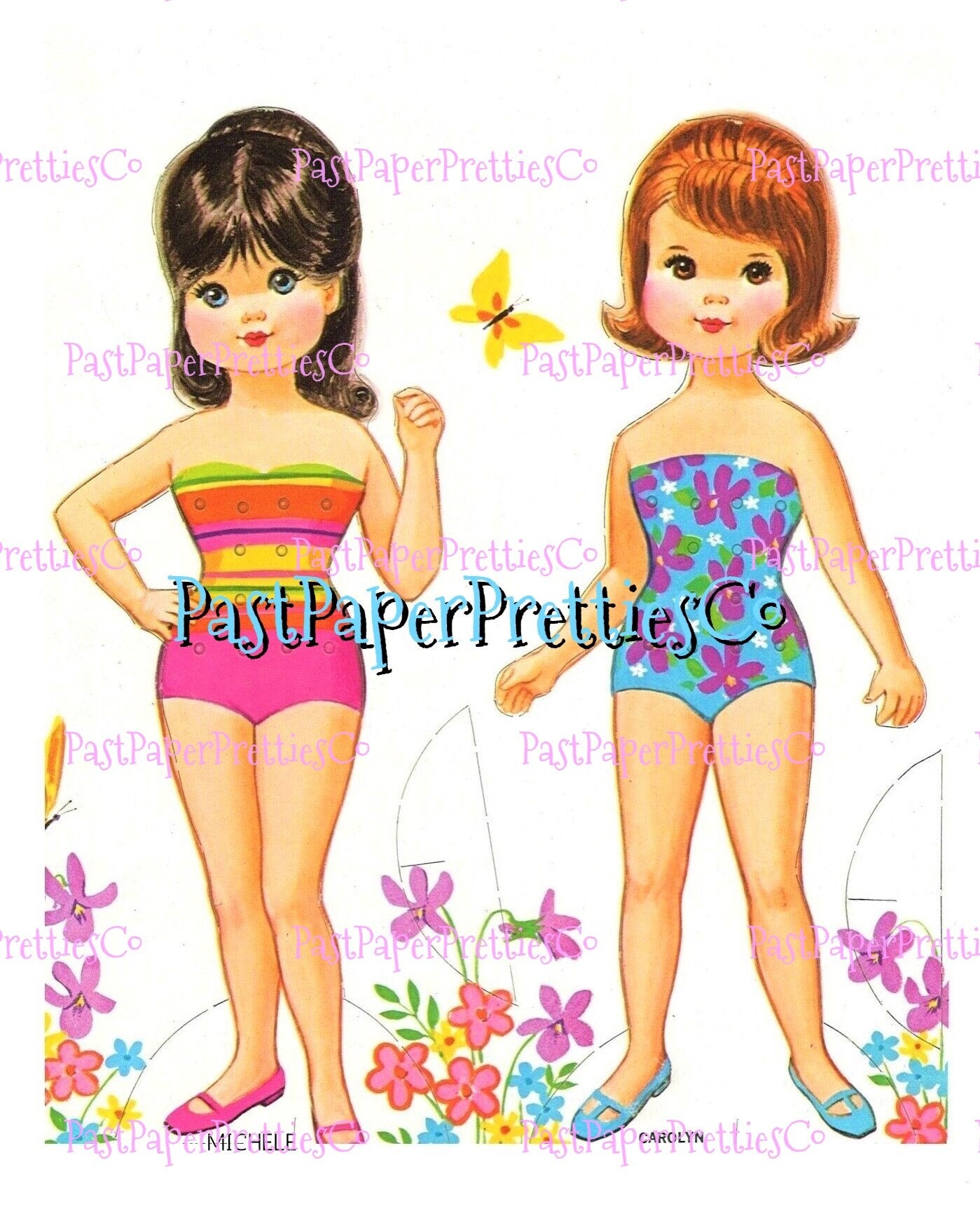 Vintage Paper Dolls with Lace-On Costumes 1969 Printable PDF Instant Digital Download 2 Cute Girls Friends Dolls '60s Fashions Clip Art