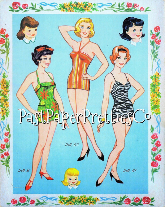 Vintage Paper Dolls Hair-Dos To Try On Life-Size Model 1960 Printable PDF Instant Digital Download 3 Pretty Dolls Hairstyles Clip Art