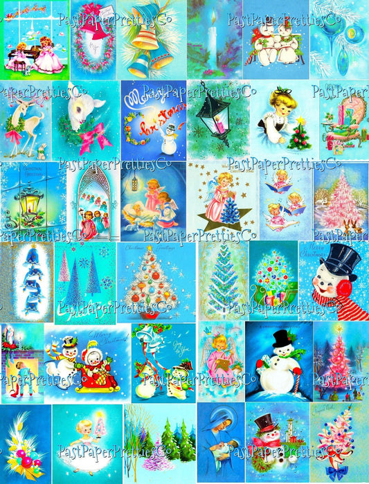 Vintage A Blue Christmas Retro Greeting Cards Collage Sheets 45 Printable MCM Holiday Images PDF Instant Digital Download Clip Art 2 Sizes