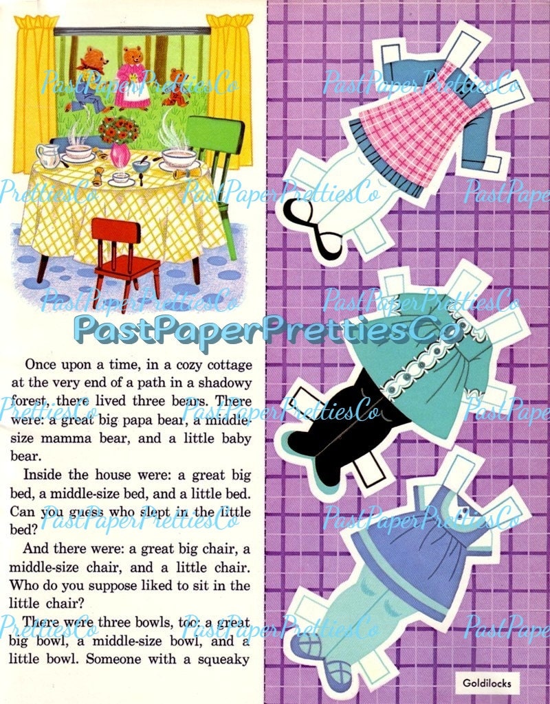 Vintage Printable Paper Dolls and Story to Read Goldilocks 1972 PDF Instant Digital Download The Three Bears Storybook Clip Art