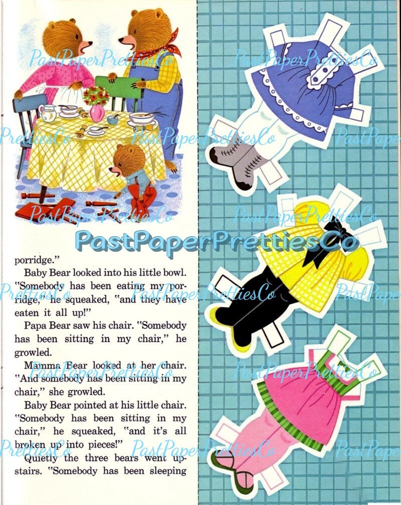 Vintage Printable Paper Dolls and Story to Read Goldilocks 1972 PDF Instant Digital Download The Three Bears Storybook Clip Art