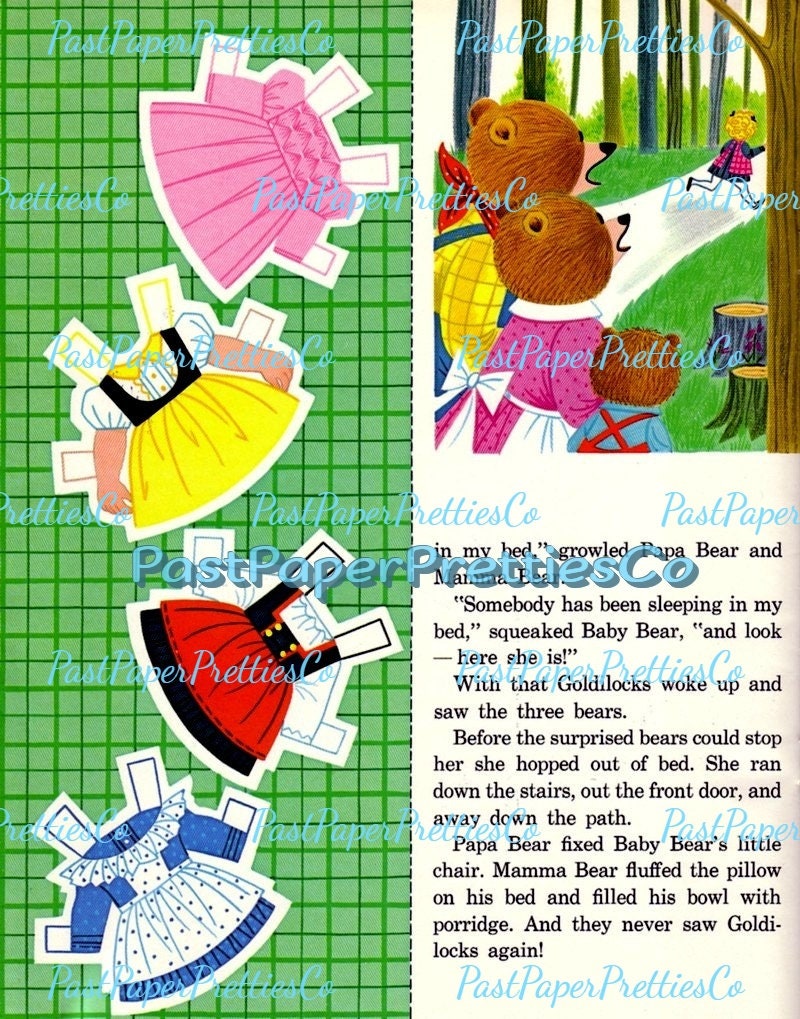 Vintage Printable Paper Dolls and Story to Read Goldilocks 1972 PDF Instant Digital Download The Three Bears Storybook Clip Art