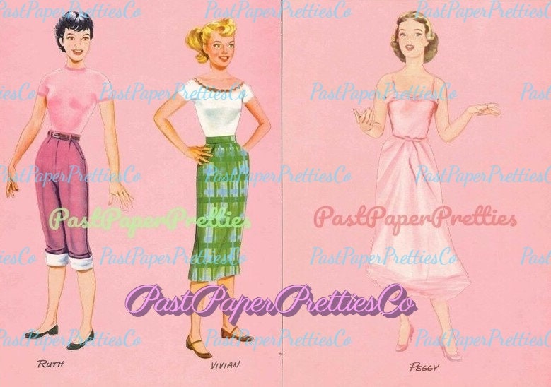 Vintage Paper Dolls The Three Cheers High School Dolls 1957 Printable PDF Instant Digital Download 3 Pretty Cheerleader Teenager Girls