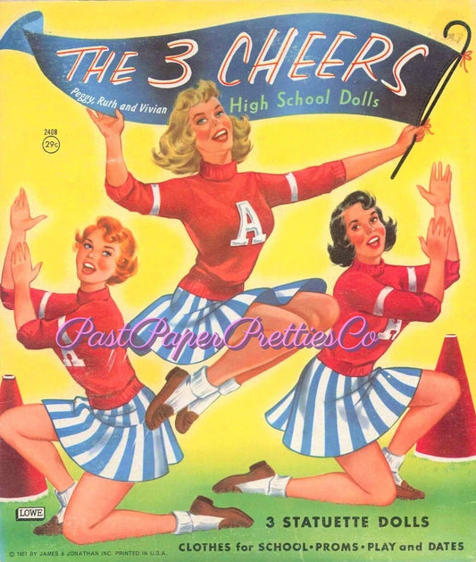 Vintage Paper Dolls The Three Cheers High School Dolls 1957 Printable PDF Instant Digital Download 3 Pretty Cheerleader Teenager Girls