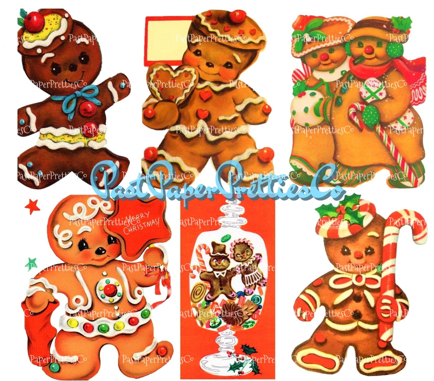 18 Vintage Printable Retro Gingerbread Man Cookie Christmas Card Images 3 Sizes PDF Instant Digital Download Cute Merry Kitschmas Clipart