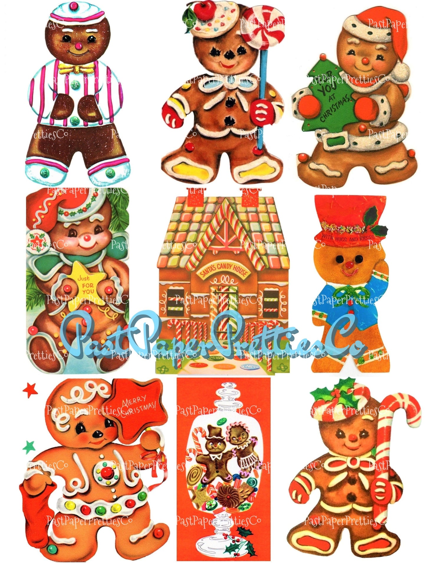 18 Vintage Printable Retro Gingerbread Man Cookie Christmas Card Images 3 Sizes PDF Instant Digital Download Cute Merry Kitschmas Clipart