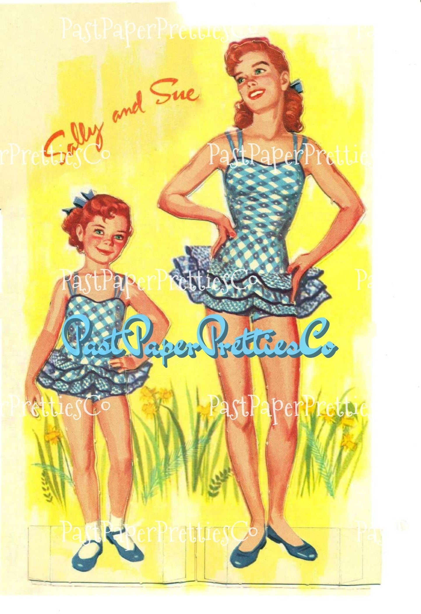 Vintage Paper Dolls 6 and Sweet 16 c. 1955 Printable PDF Instant Digital Download 6 Pretty Big and Little Sister Dress-Alike Dolls Clip Art