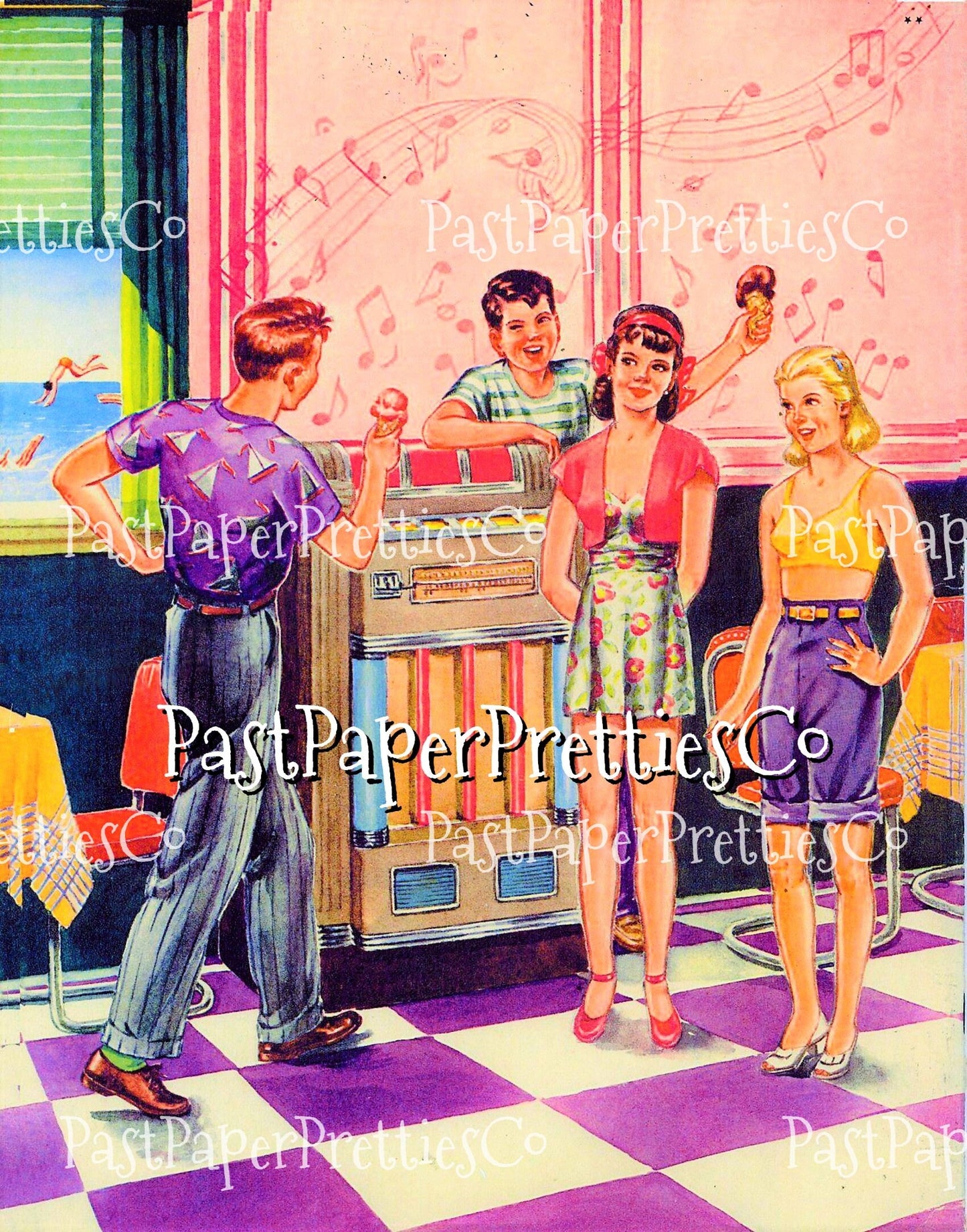 Vintage Paper Dolls Juke Box Soda Shop Diner 1948 Printable PDF Instant Digital Download Fun '50s Teens Girls Boys Sock Hop Clip Art