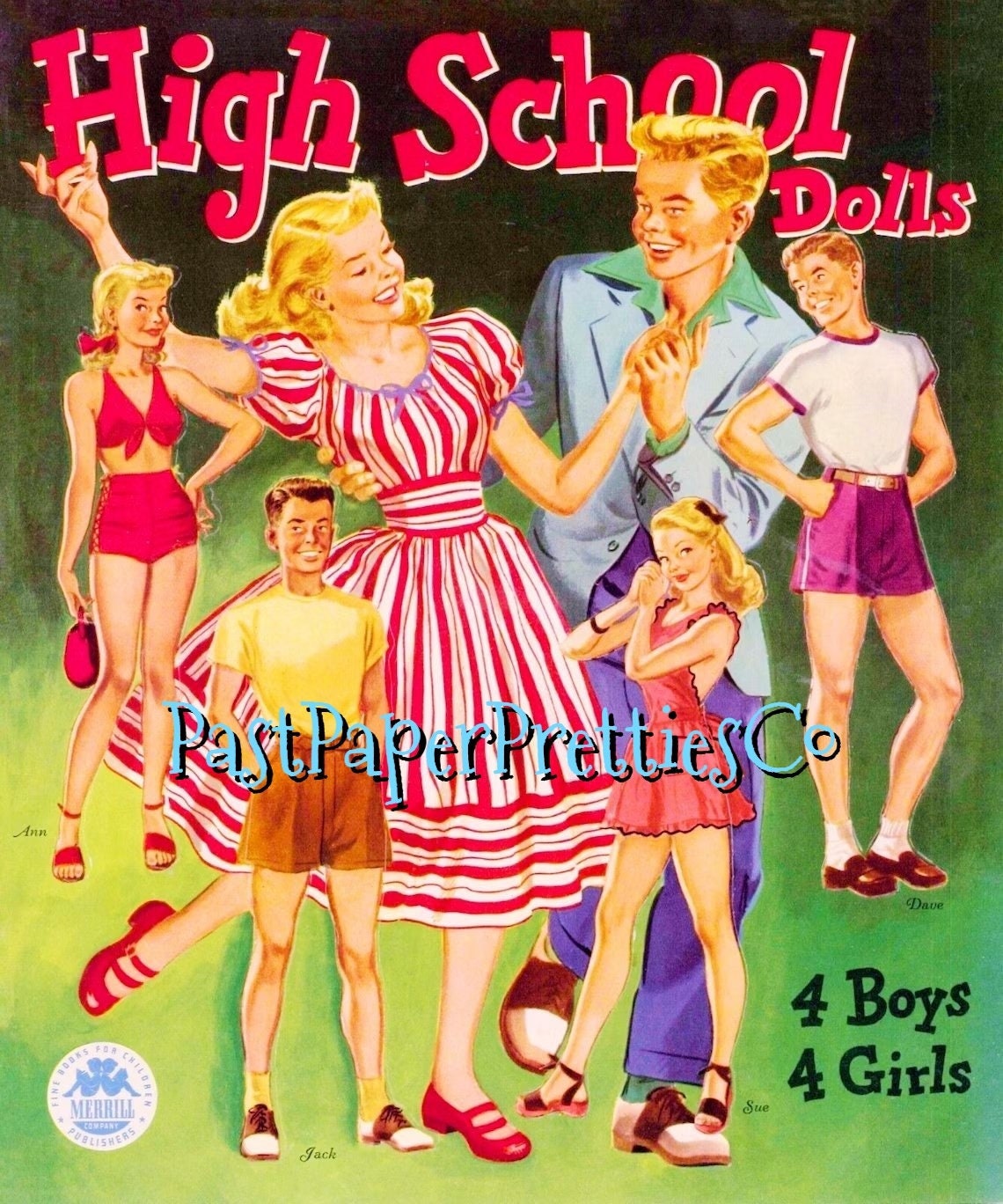 Vintage High School Paper Dolls 1948 Printable PDF Instant Digital Download Fun Mid Century Teens Girls Boys School Friends Clip Art