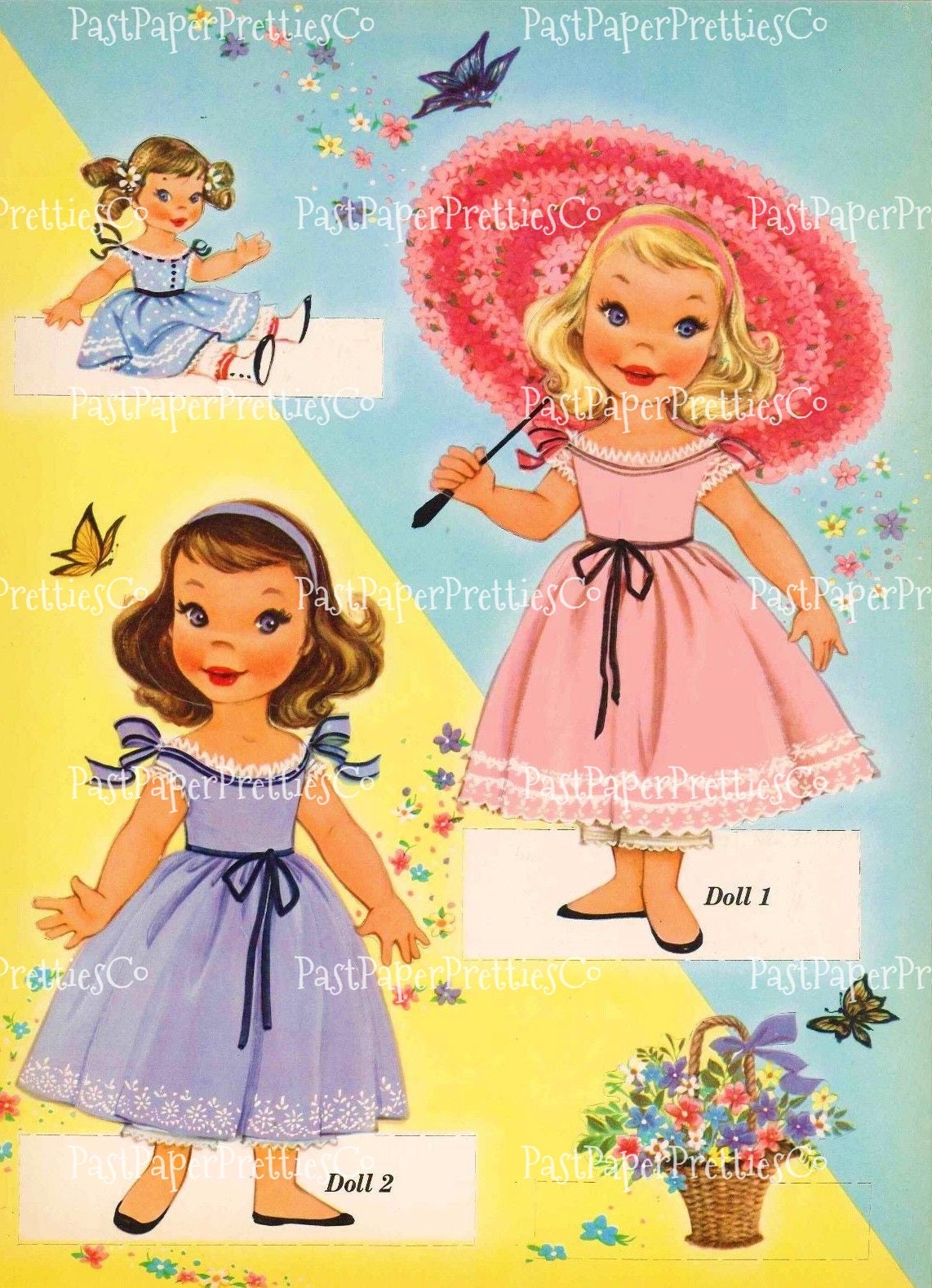 Vintage Paper Dolls Cute Umbrella Girls Printable PDF Instant Digital Download Kitschy Flower Parasol Girls Wrap Around Dresses