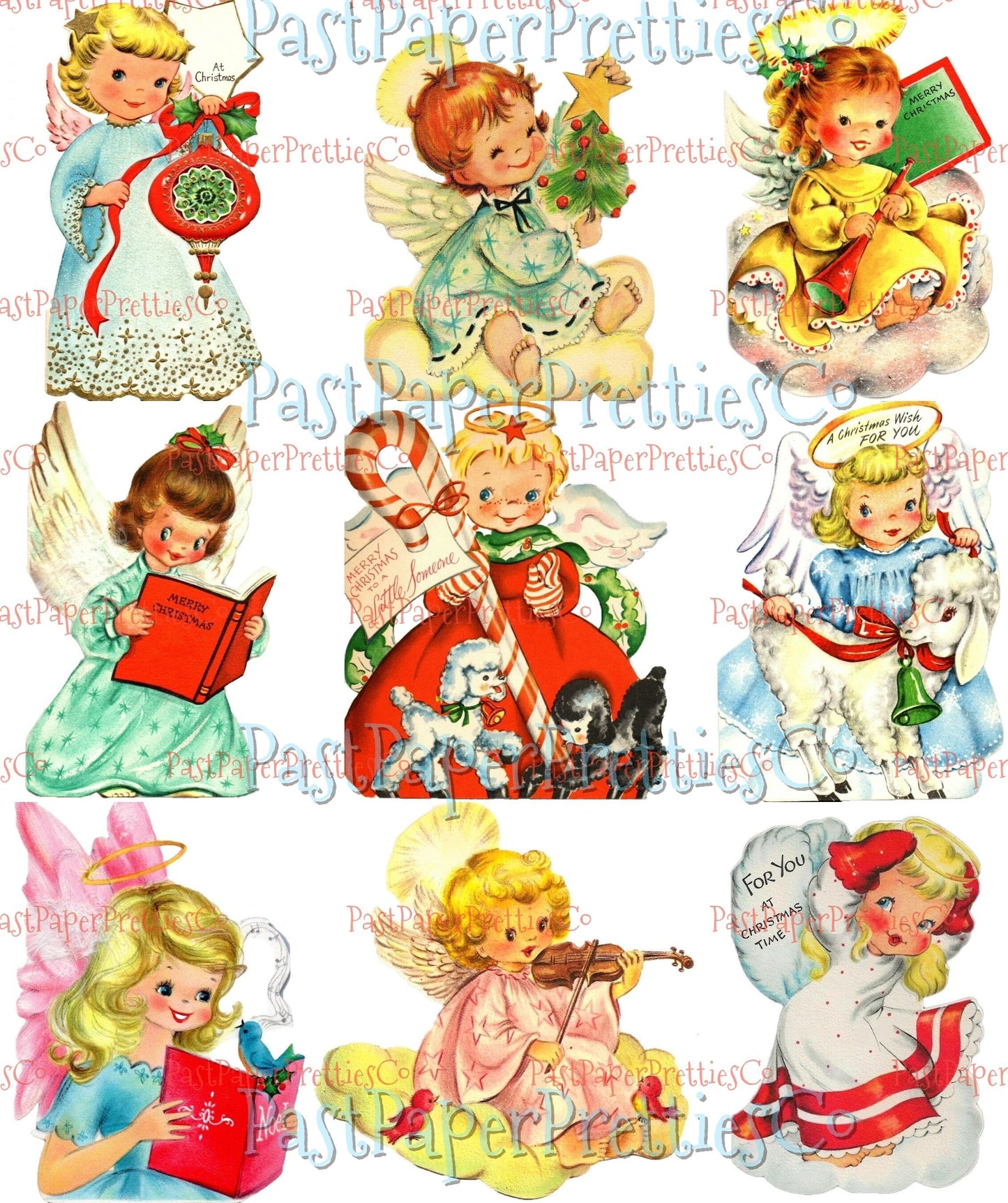 Vintage Printable Pretty Angel Girls Christmas Card Images 3 Sizes Fussy Cuts Collages Full Cards PDF Instant Digital Download Cute Clipart