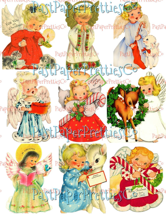 Vintage Printable Pretty Angel Girls Christmas Card Images 3 Sizes Fussy Cuts Collages Full Cards PDF Instant Digital Download Cute Clipart