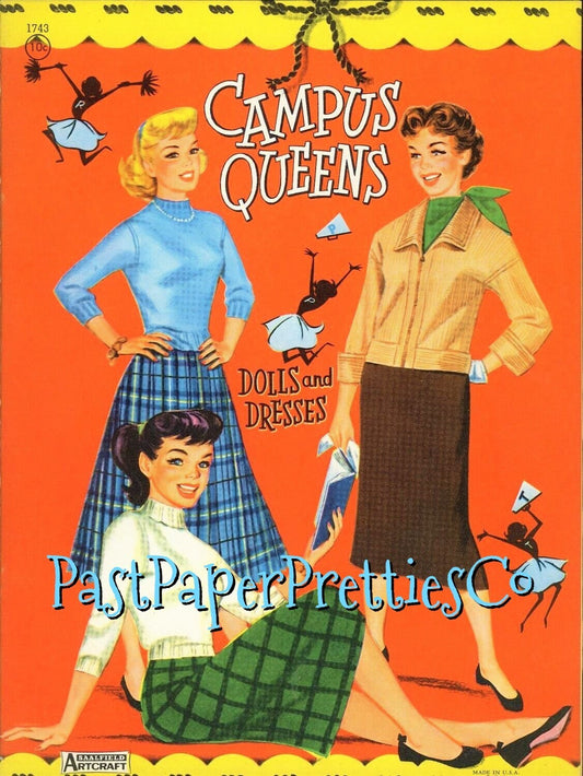 Vintage Paper Dolls Campus Queens Dolls & Dresses 1957 Printable PDF Instant Digital Download Pretty College Girls University Students