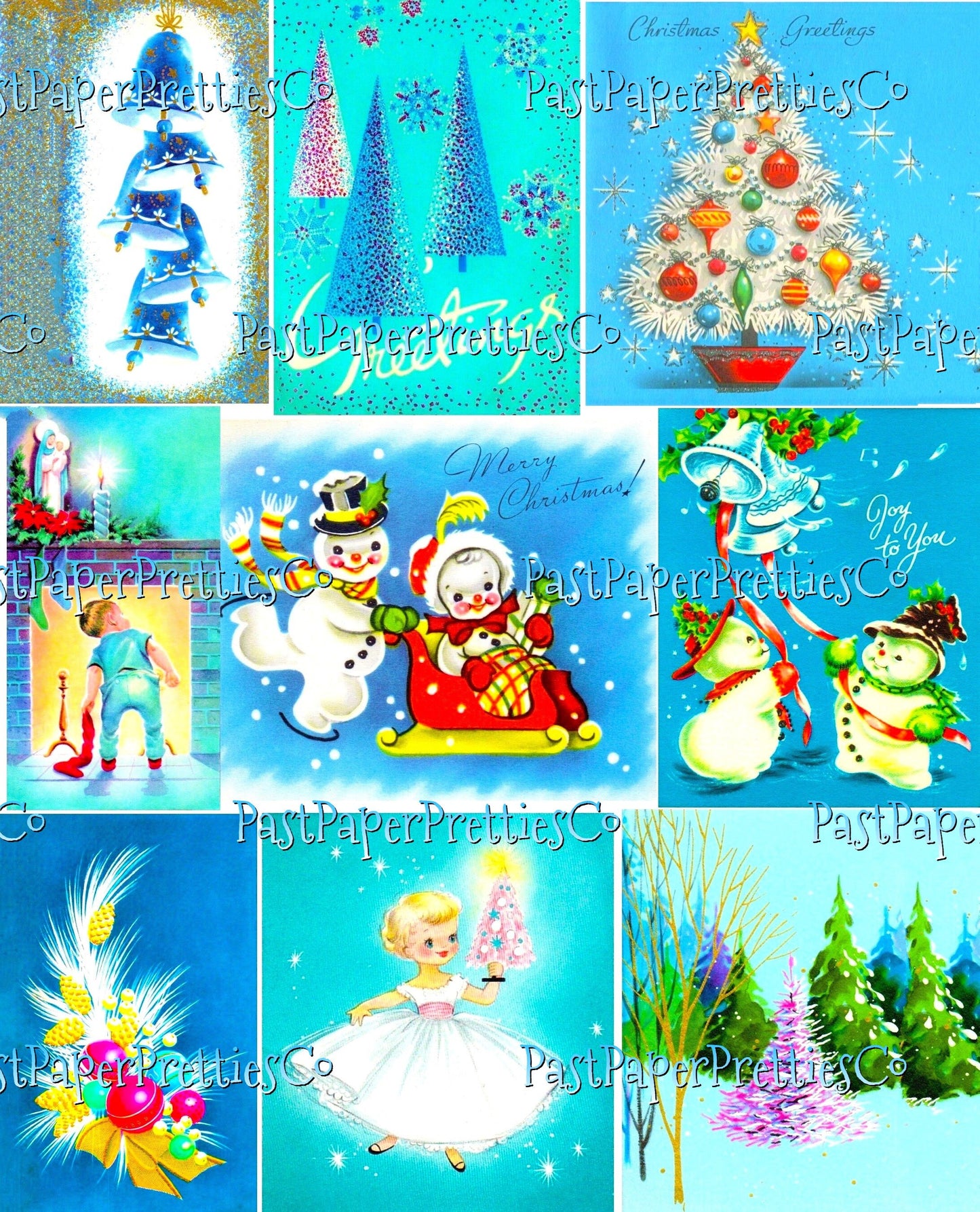 Vintage A Blue Christmas Retro Greeting Cards Collage Sheets 45 Printable MCM Holiday Images PDF Instant Digital Download Clip Art 2 Sizes