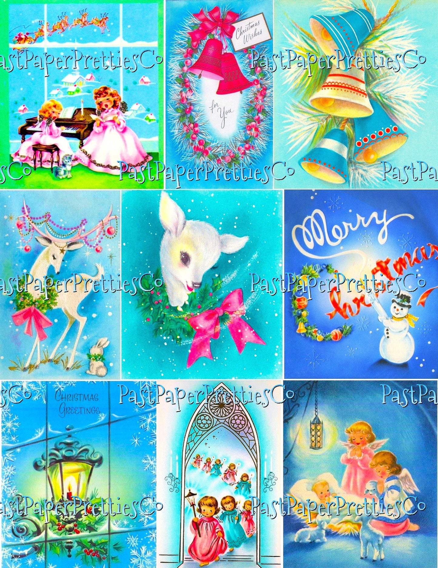 Vintage A Blue Christmas Retro Greeting Cards Collage Sheets 45 Printable MCM Holiday Images PDF Instant Digital Download Clip Art 2 Sizes