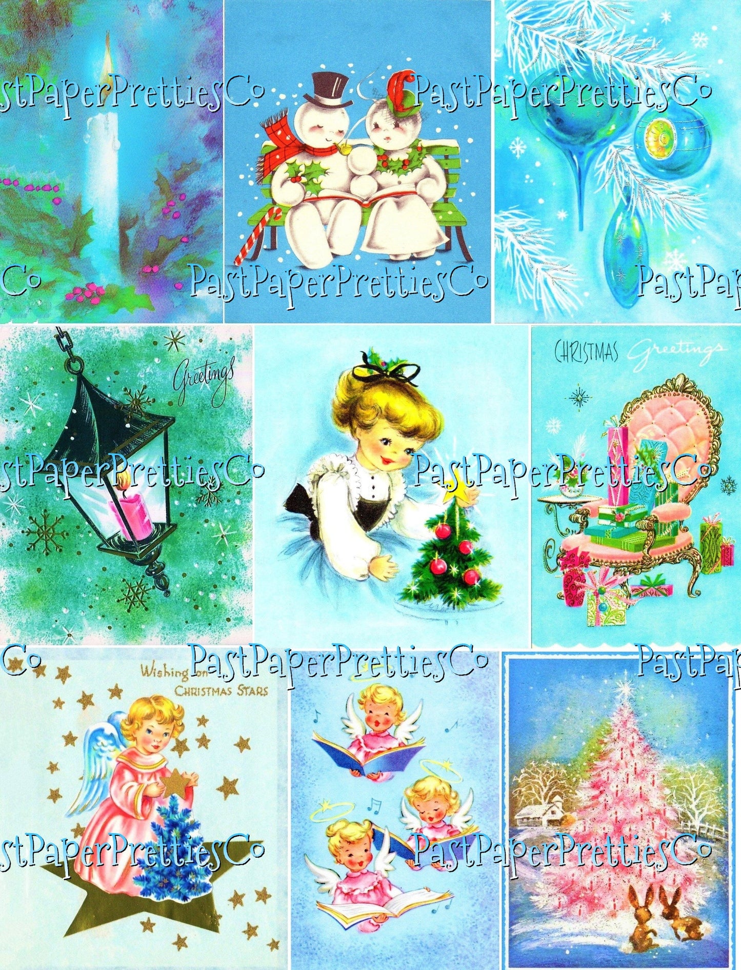 Vintage A Blue Christmas Retro Greeting Cards Collage Sheets 45 Printable MCM Holiday Images PDF Instant Digital Download Clip Art 2 Sizes