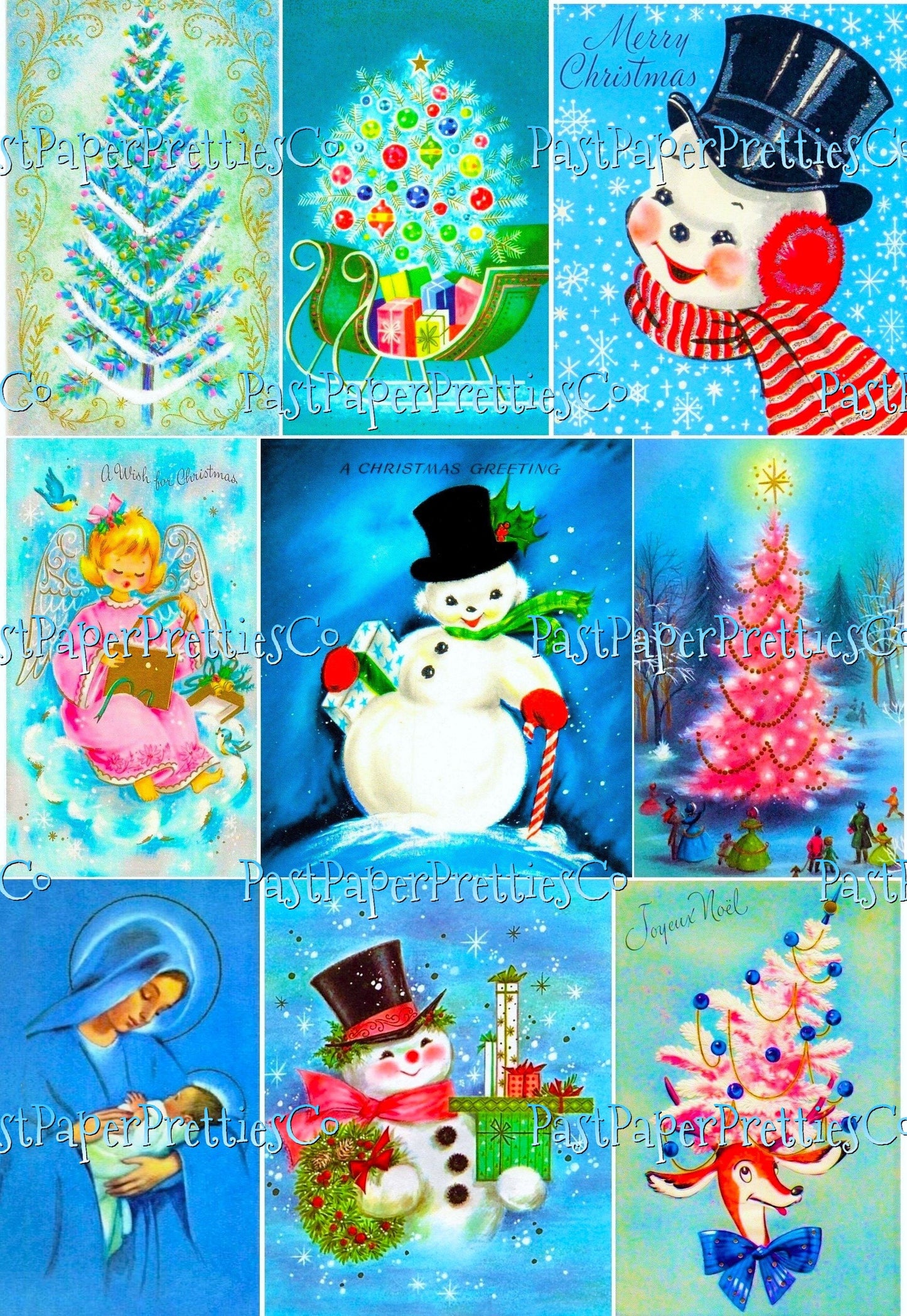 Vintage A Blue Christmas Retro Greeting Cards Collage Sheets 45 Printable MCM Holiday Images PDF Instant Digital Download Clip Art 2 Sizes