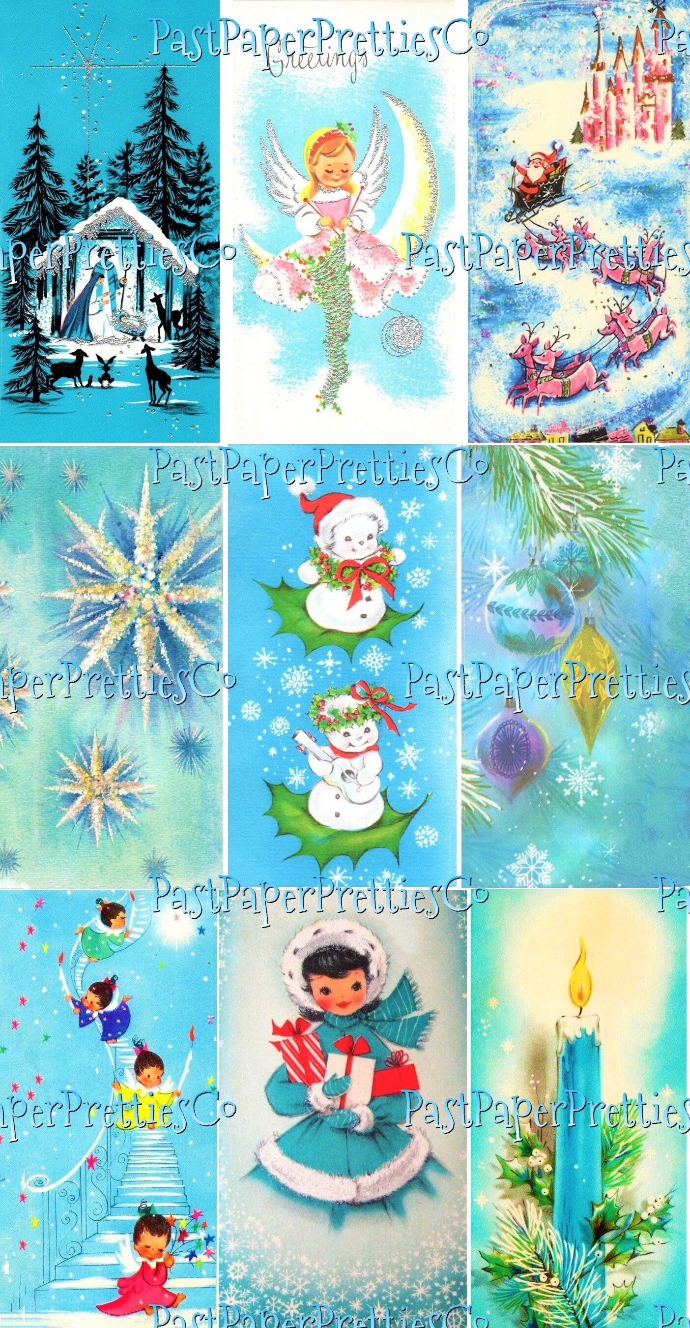 Vintage A Blue Christmas Retro Greeting Cards Collage Sheets 45 Printable MCM Holiday Images PDF Instant Digital Download Clip Art 2 Sizes