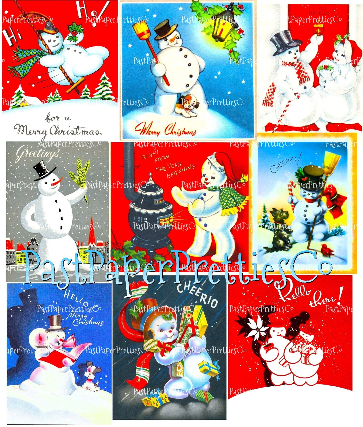 27 Vintage Art Deco Snowman Christmas Collage Sheet & Full Cards Printable Snowmen PDF Instant Digital Retro Kitsch Kawaii 300 dpi