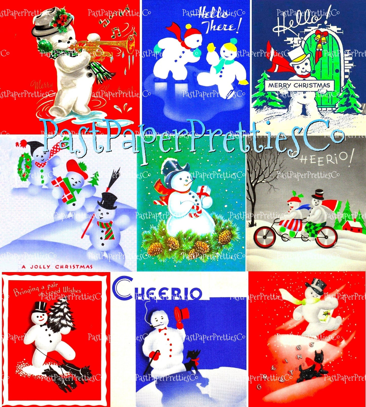 27 Vintage Art Deco Snowman Christmas Collage Sheet & Full Cards Printable Snowmen PDF Instant Digital Retro Kitsch Kawaii 300 dpi