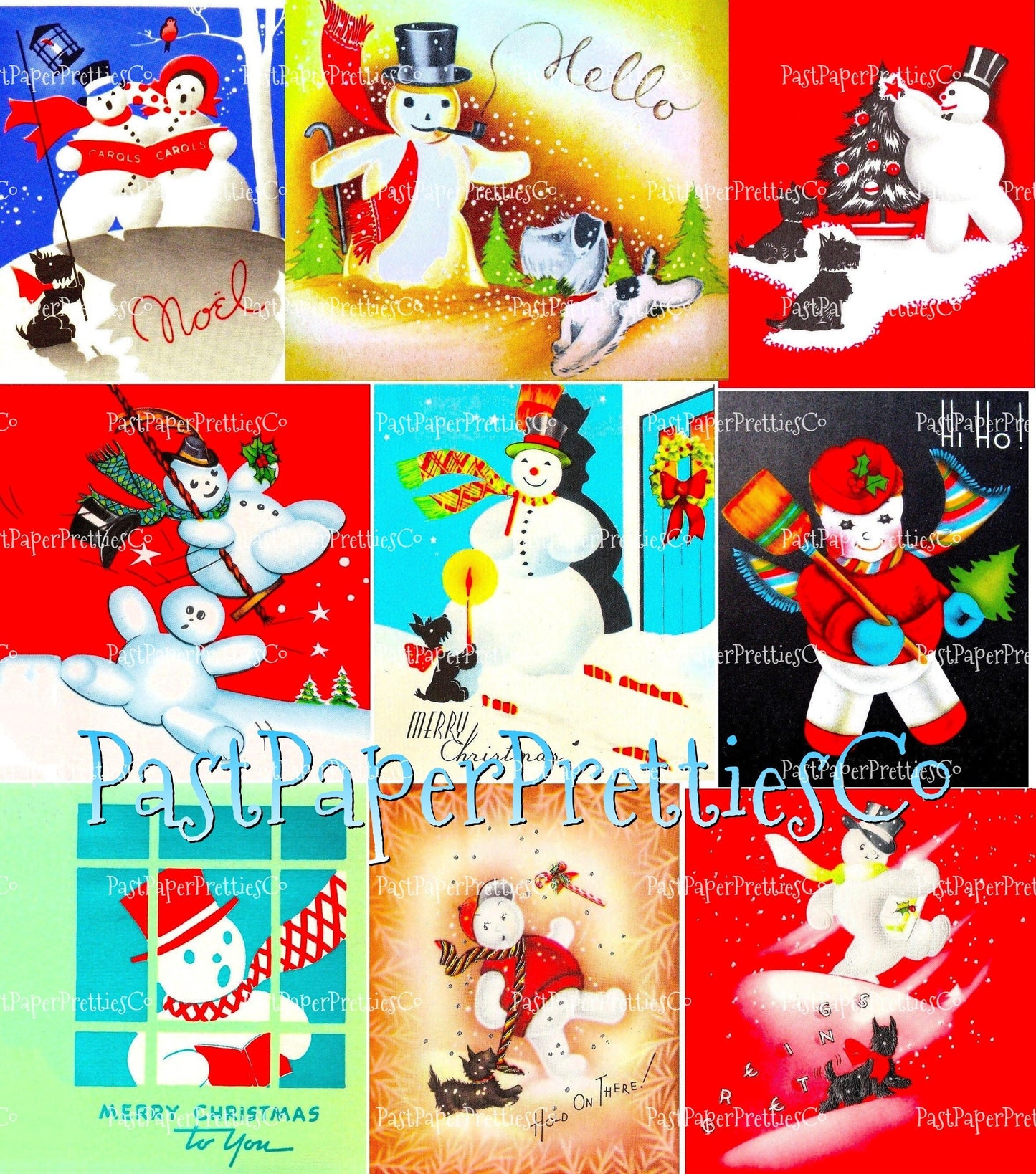 27 Vintage Art Deco Snowman Christmas Collage Sheet & Full Cards Printable Snowmen PDF Instant Digital Retro Kitsch Kawaii 300 dpi