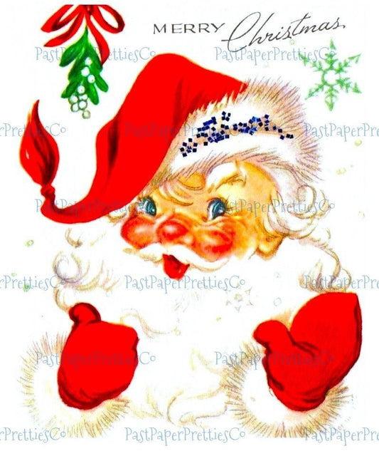 Vintage Christmas Printable Retro Jolly Santa Claus Face Under The Mistletoe Clipart Image Instant Digital Download 300dpi JPEG PNG