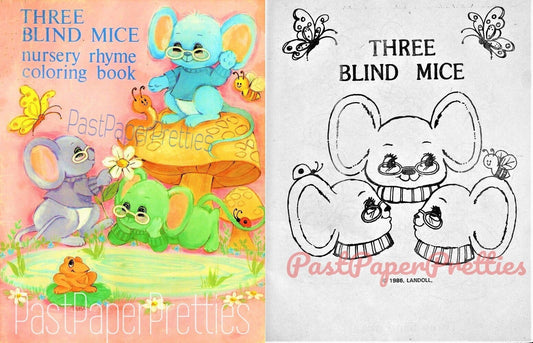 Vintage Printable Coloring Book Three Blind Mice Nursery Rhyme Color Pages c. 1986 PDF Instant Digital Download Cute Childrens Stories