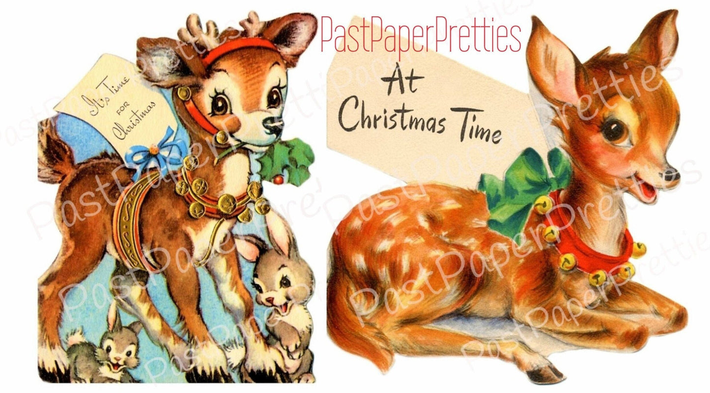 Vintage Printable Cute Reindeer Deer Christmas Card Images Mid Century Kitsch Instant Digital Download Woodland Forest Friends Clip Art