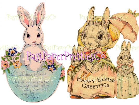 Vintage Antique Art Deco Happy Easter Bunny Card Images Baby Rabbits Egg 1930s PDF Instant Digital Download Art Deco Clipart 300 dpi