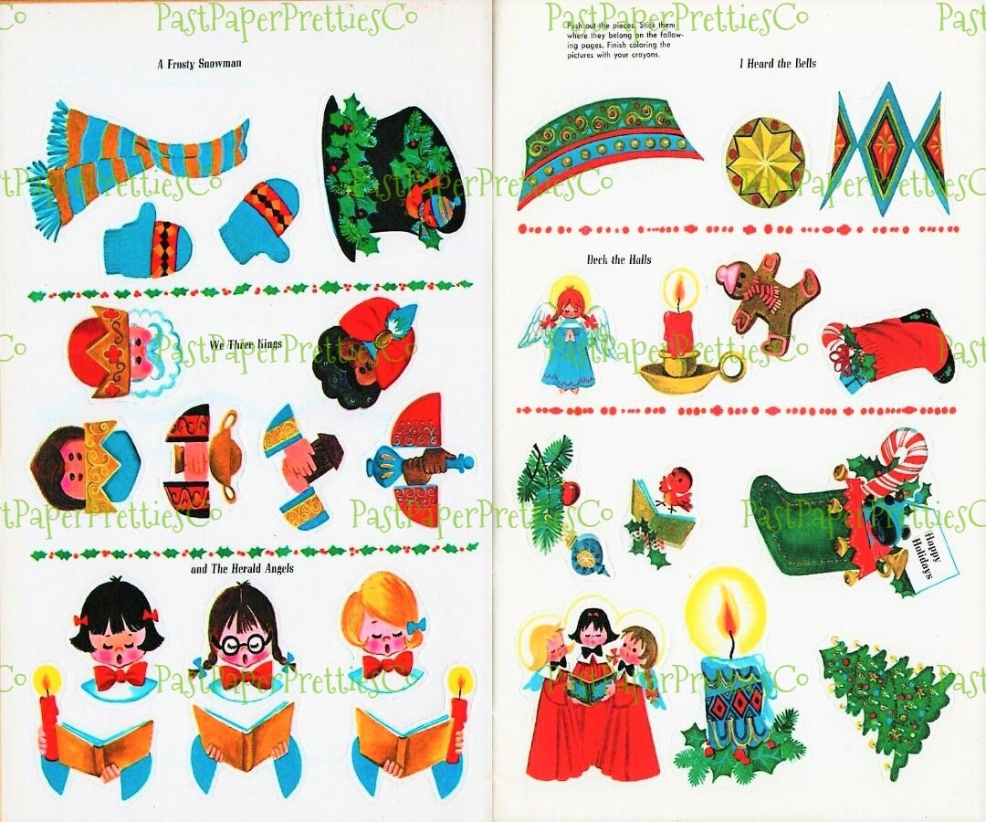 Vintage Christmas Sticker Fun Printable eBook 1966 PDF Instant Digital Download Retro Holiday Activity Play Book Paper Crafts 22 Pages