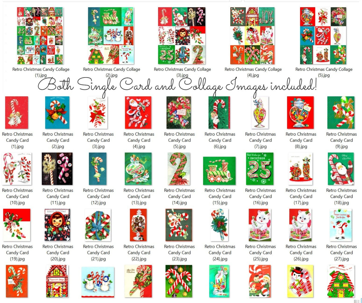 36 Vintage Printable Retro Christmas Candy Canes Jars Card Images 3 Sizes PDF Instant Digital Download ALL MCM Holiday Candies Clipart