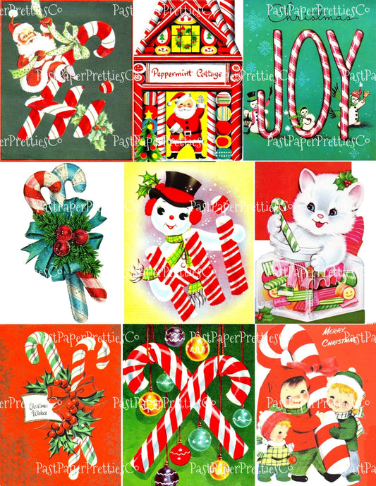 36 Vintage Printable Retro Christmas Candy Canes Jars Card Images 3 Sizes PDF Instant Digital Download ALL MCM Holiday Candies Clipart