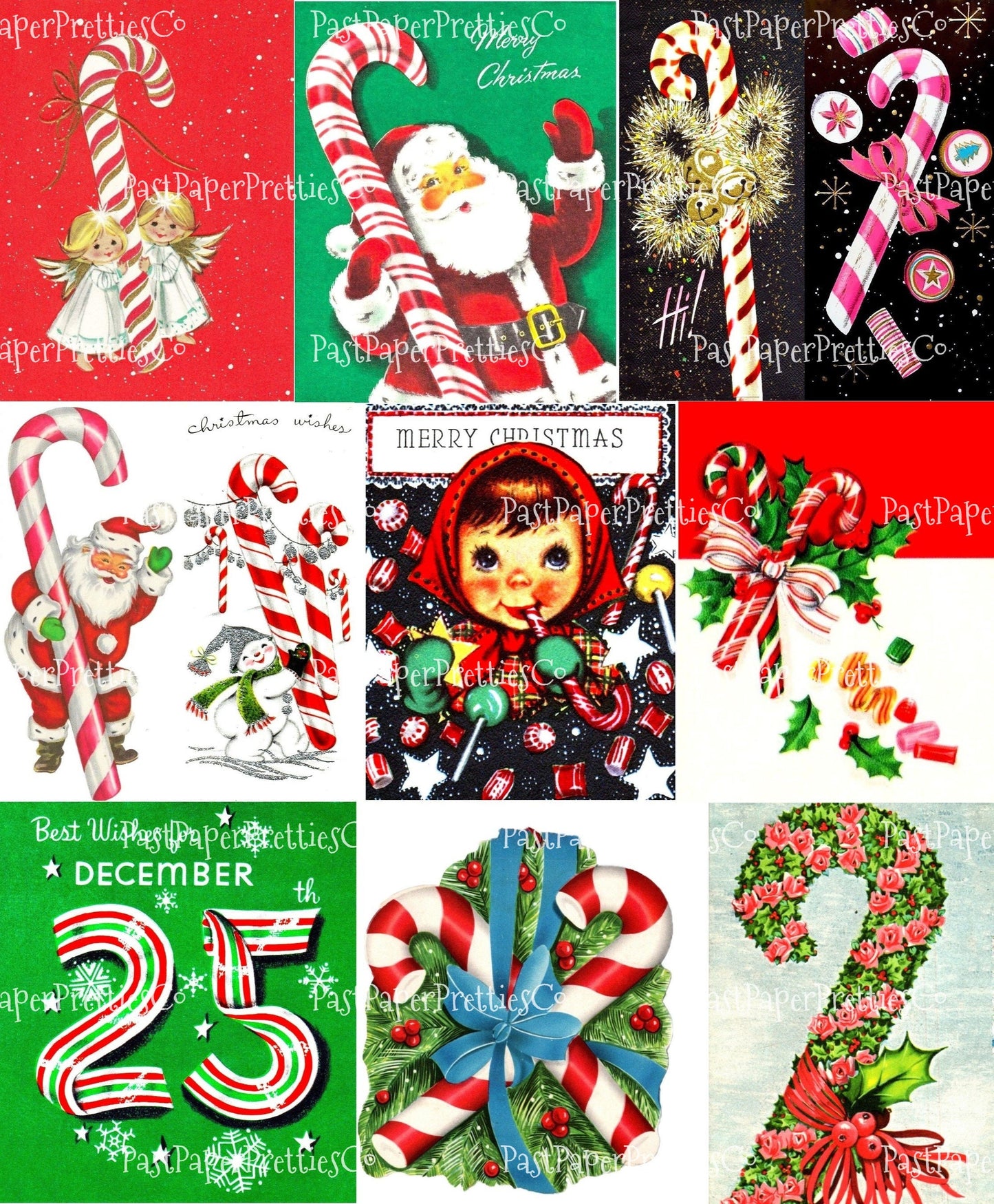 36 Vintage Printable Retro Christmas Candy Canes Jars Card Images 3 Sizes PDF Instant Digital Download ALL MCM Holiday Candies Clipart