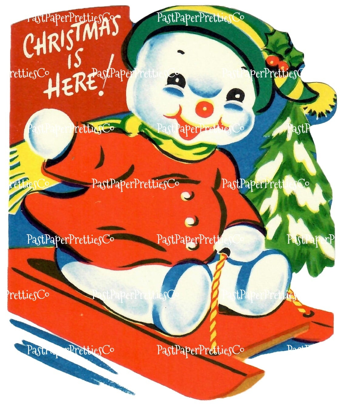 Vintage Christmas Printable Jolly Snowman on Sled MCM Card Image Retro 1960s Instant Digital Download Kitsch Holiday Clipart JPEG PNG