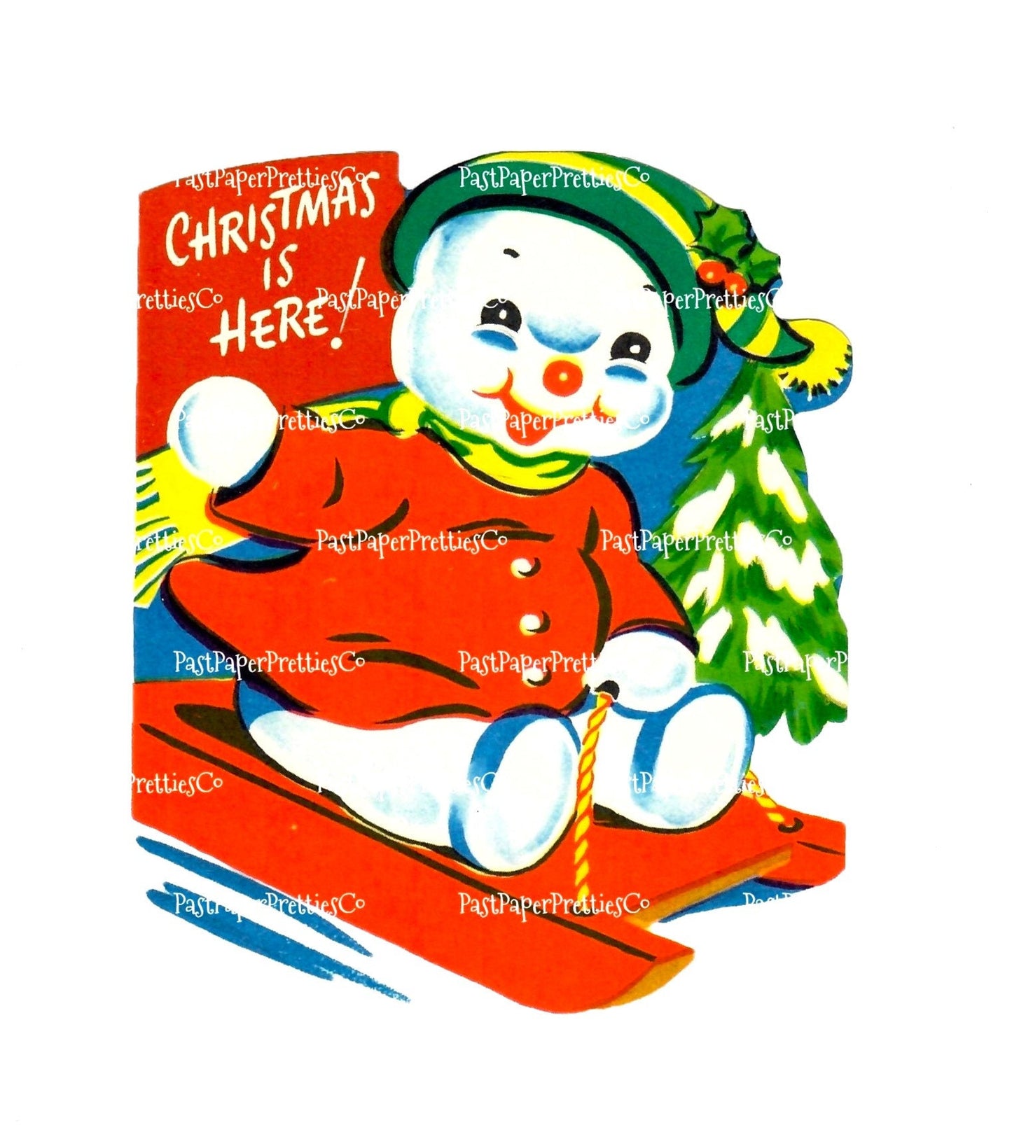 Vintage Christmas Printable Jolly Snowman on Sled MCM Card Image Retro 1960s Instant Digital Download Kitsch Holiday Clipart JPEG PNG