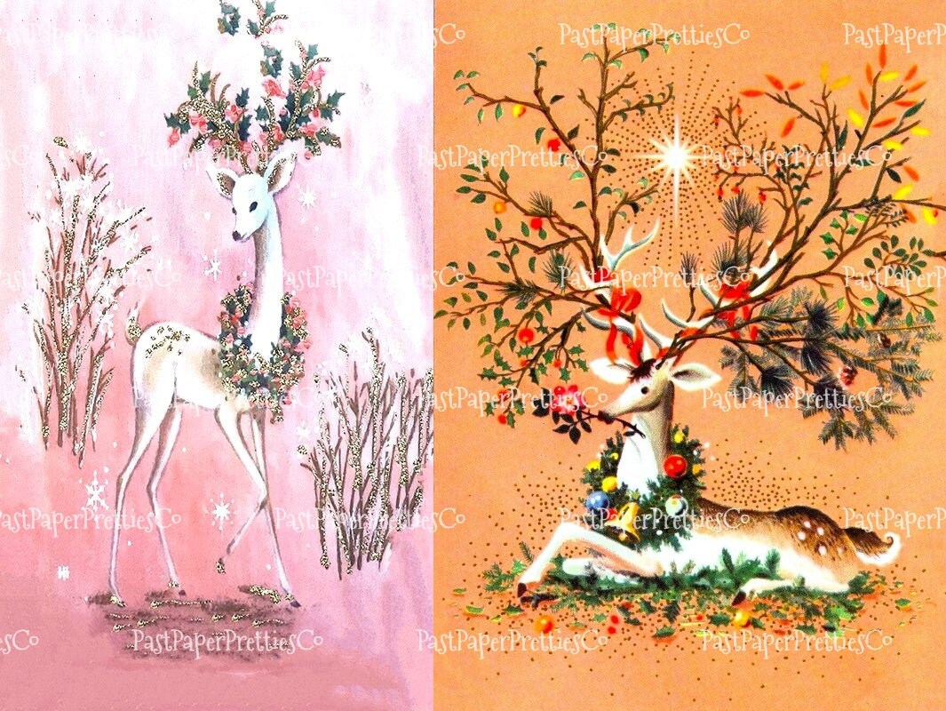 Vintage Printable Retro MCM Christmas Reindeer Collage Sheets and Full Card Images PDF Instant Digital Download Mid Mod Century Deer Clipart