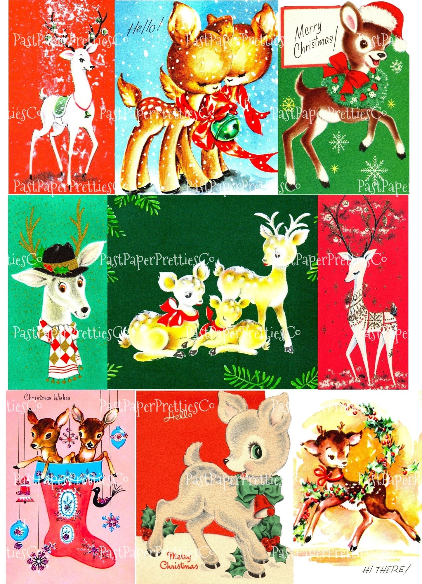 Vintage Printable Retro MCM Christmas Reindeer Collage Sheets and Full Card Images PDF Instant Digital Download Mid Mod Century Deer Clipart