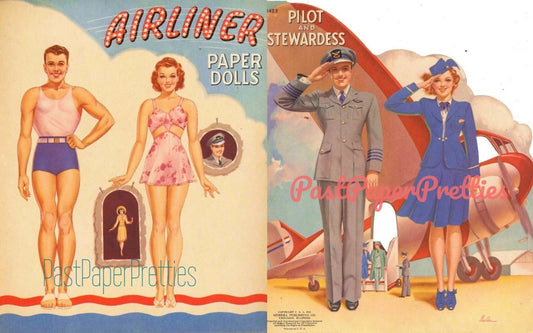 Vintage Paper Dolls Airliner Pilot and Stewardess 1941 Printable PDF Instant Digital Download WWII Era Aviator Wartime Dolls Clip Art