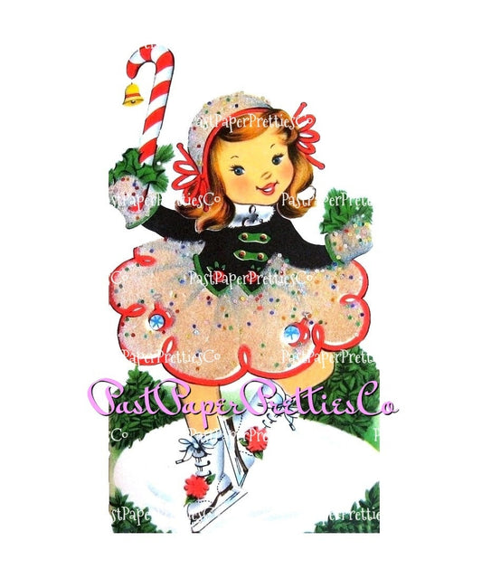 Vintage Printable Little Christmas Ice Skating Girl Card Image 1940s Instant Digital Download Cute Kitsch Holiday Clip Art JPG PNG