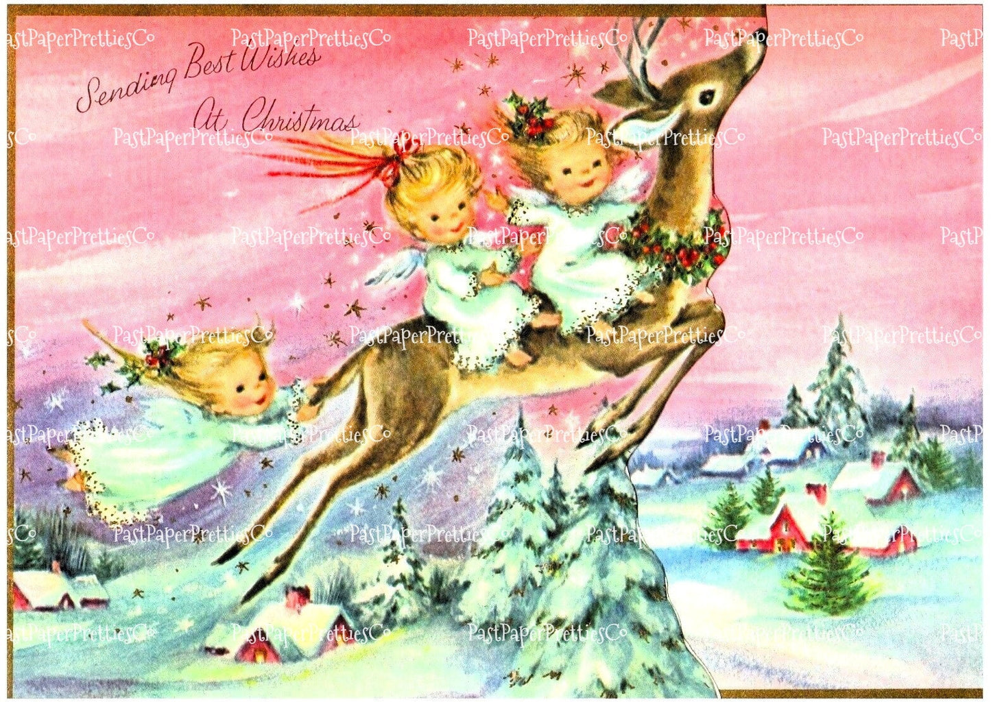 Vintage Printable Cute Angel Girls Riding Reindeer Card Image Pink Pastels Retro 1960s Instant Digital Download Kitsch Holiday Clipart