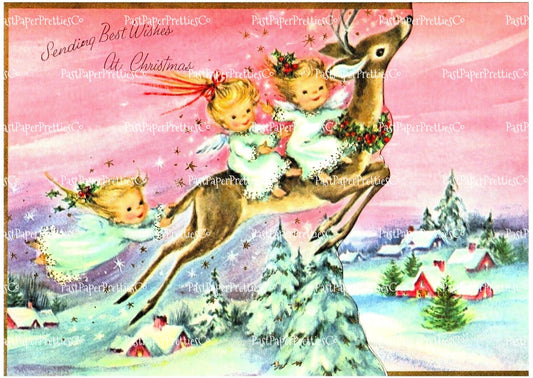 Vintage Printable Cute Angel Girls Riding Reindeer Card Image Pink Pastels Retro 1960s Instant Digital Download Kitsch Holiday Clipart