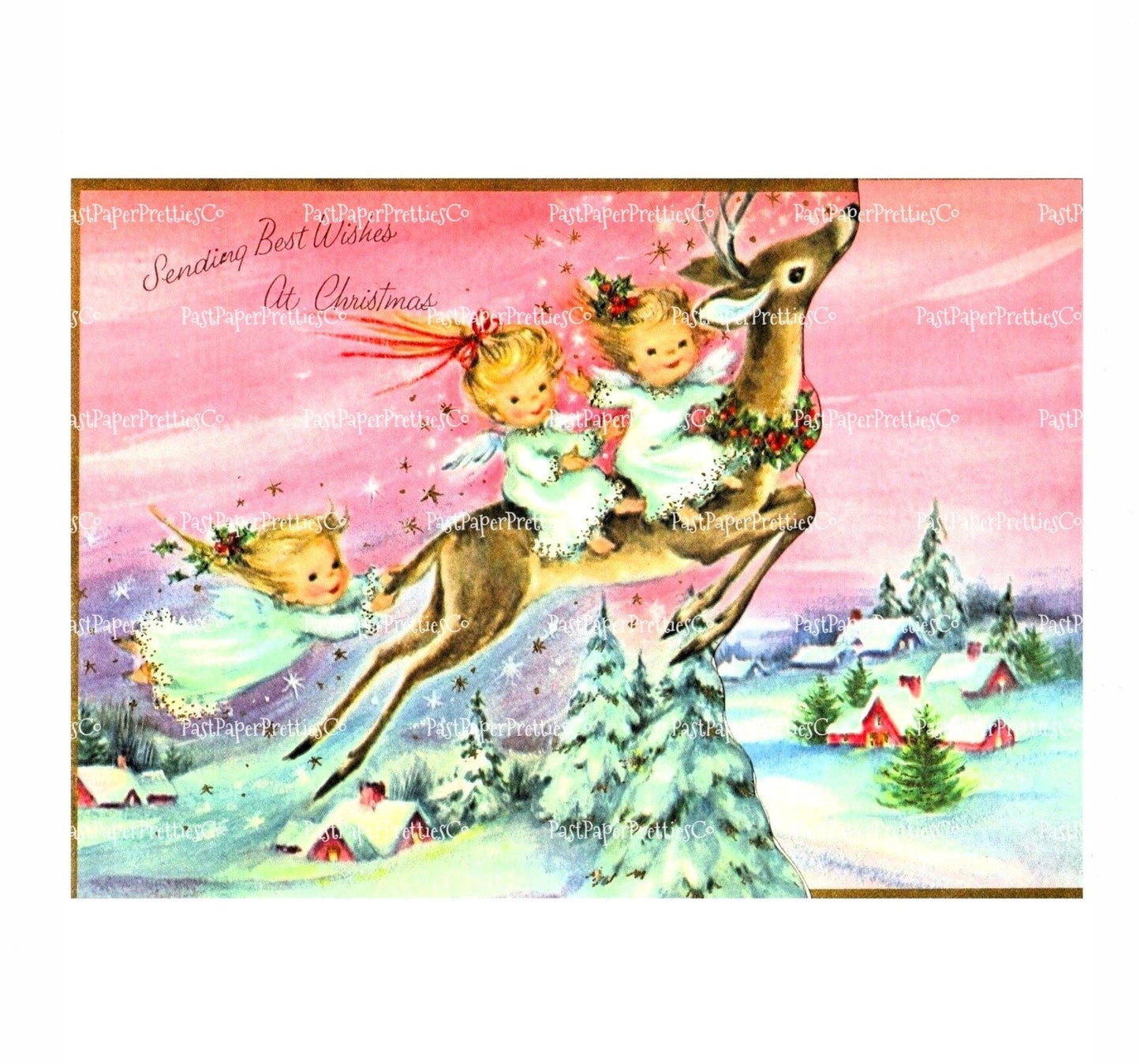 Vintage Printable Cute Angel Girls Riding Reindeer Card Image Pink Pastels Retro 1960s Instant Digital Download Kitsch Holiday Clipart