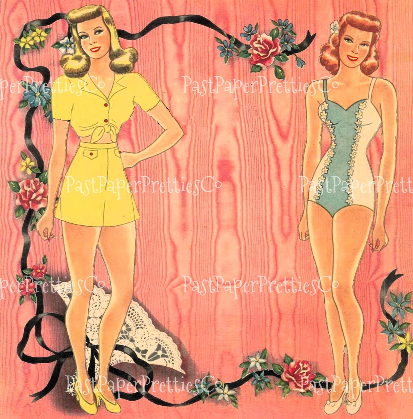 Vintage Paper Dolls 3 Pretty Girls 1943 Printable PDF Instant Digital Download '40s Fashions Clothing Clip Art