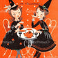 Vintage Printable Halloween Card Pretty Witches Girlfriends Sipping Tea Image MCM 1950s Instant Digital Download Cute Spooky Clip Art