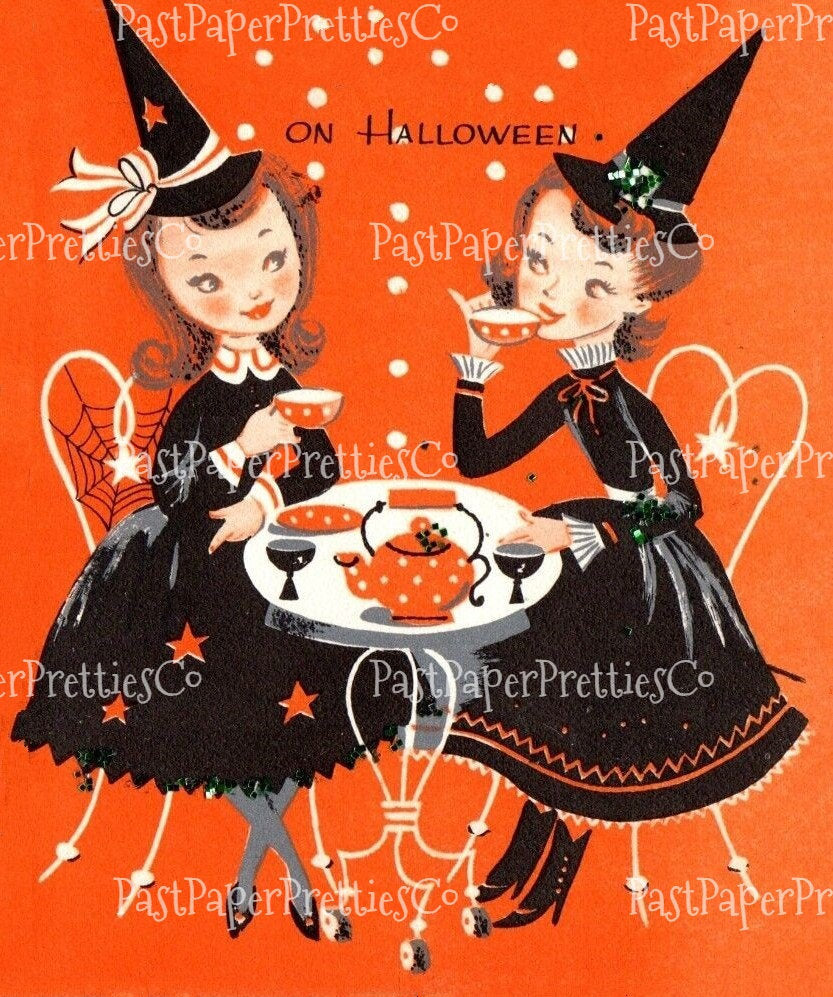 Vintage Printable Halloween Card Pretty Witches Girlfriends Sipping Tea Image MCM 1950s Instant Digital Download Cute Spooky Clip Art