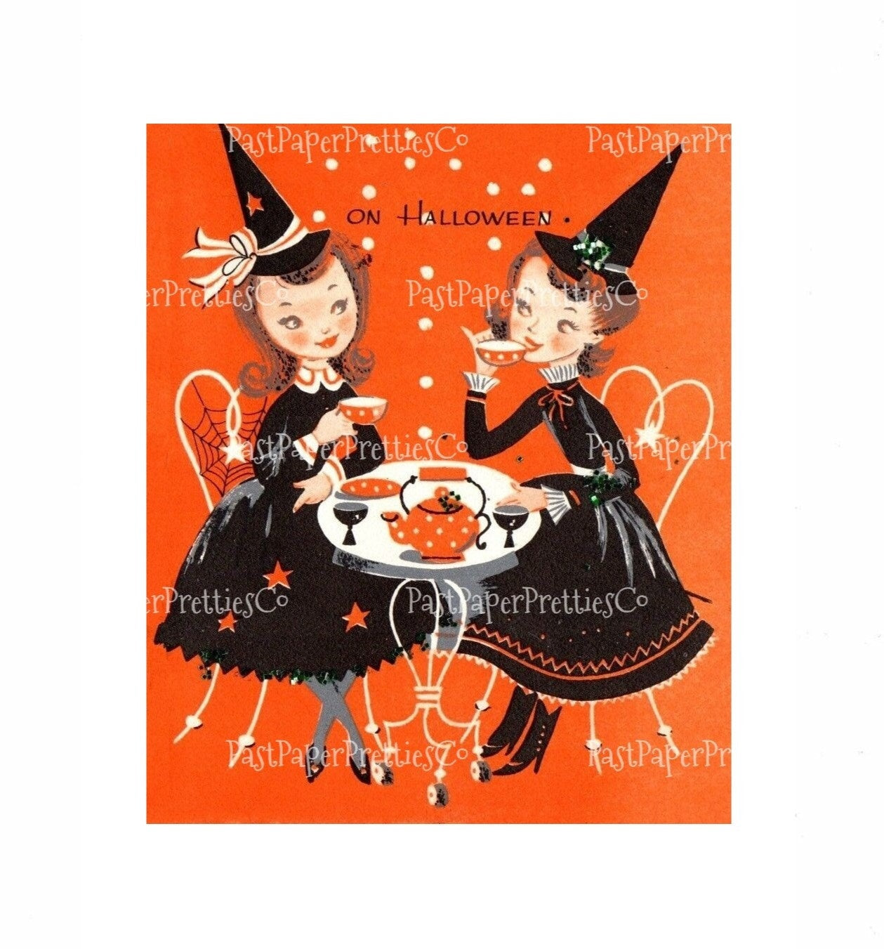 Vintage Printable Halloween Card Pretty Witches Girlfriends Sipping Tea Image MCM 1950s Instant Digital Download Cute Spooky Clip Art