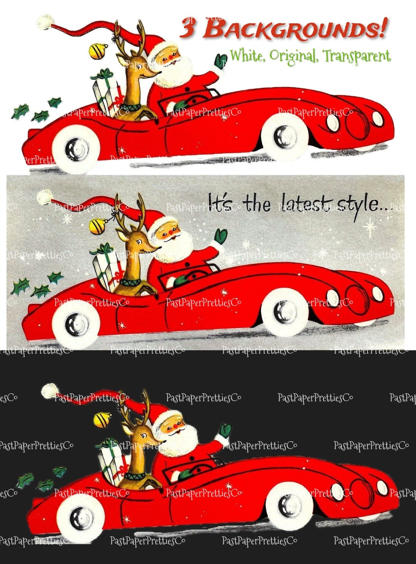 Vintage Printable Santa and Reindeer Red Sports Car Christmas Card Image PDF Instant Digital Download Kitsch MCM Clipart 3 Backgrounds