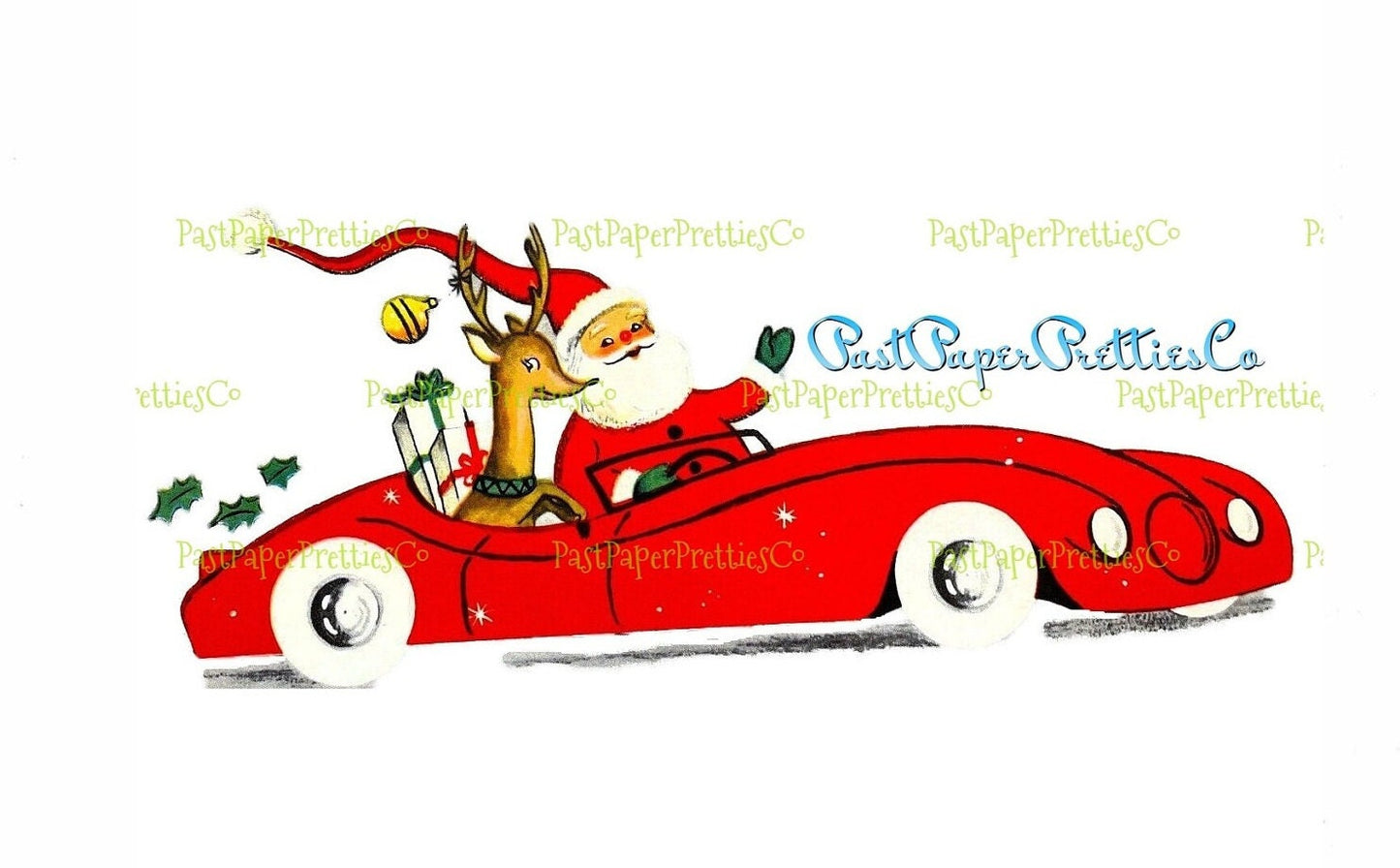 Vintage Printable Santa and Reindeer Red Sports Car Christmas Card Image PDF Instant Digital Download Kitsch MCM Clipart 3 Backgrounds