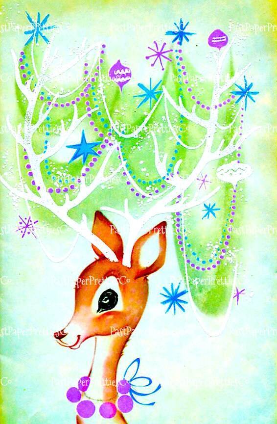 Vintage Printable Retro MCM Christmas Reindeer Collage Sheets and Full Card Images PDF Instant Digital Download Mid Mod Century Deer Clipart